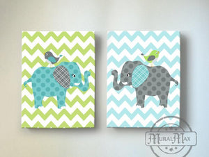 Baby Boy Green And Gray Elephant & Lovebird Chevron Canvas Nursery Decor - Set of 2 - MuralMax Interiors