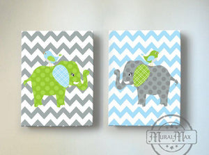 Baby Boy Green And Gray Elephant & Lovebird Chevron Canvas Nursery Decor - Set of 2 - MuralMax Interiors