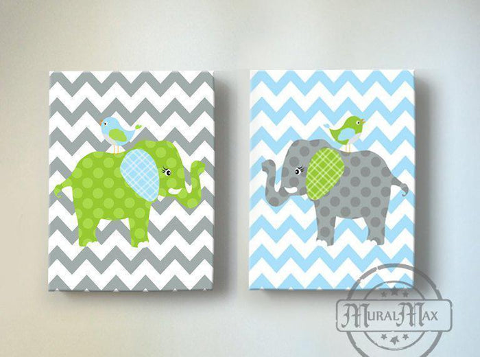Baby Boy Green And Gray Elephant & Lovebird Chevron Canvas Nursery Decor - Set of 2