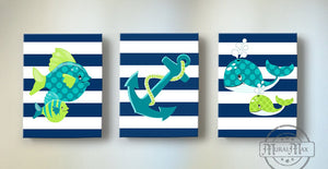 Baby Boy Nautical Sailboat Octopus &amp; Whale Canvas Wall Art - Navy Green Nursery Decor - Set of 3Baby ProductMuralMax Interiors