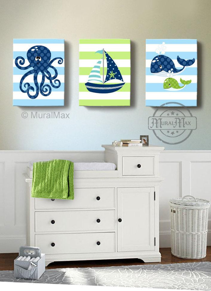 Baby Boy Nautical Sailboat Octopus & Whale Canvas Wall Art - Navy Green Nursery Decor - Set of 3