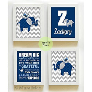 Baby Boy Nursery Art Navy Blue Gray Elephant Bird Personalized Prints  - Set of 4 - Unframed PrintsBaby ProductMuralMax Interiors