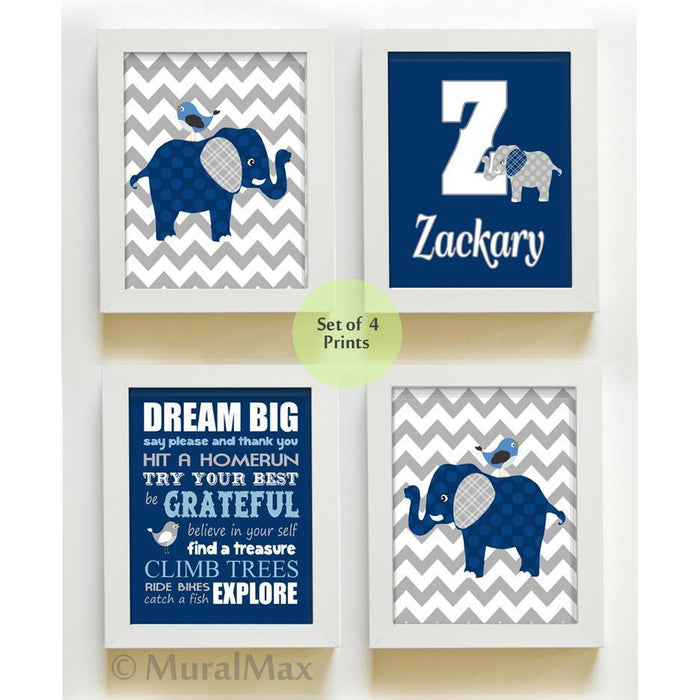 Baby Boy Nursery Art Navy Blue Gray Elephant Bird Personalized Prints  - Set of 4 - Unframed Prints