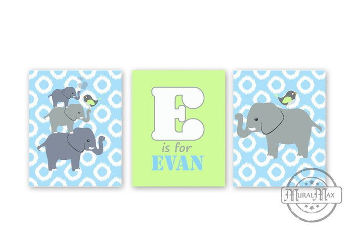 Baby Boy Nursery Art - Personalized Blue lime Elephant Collection - Unframed Prints - Set of 3