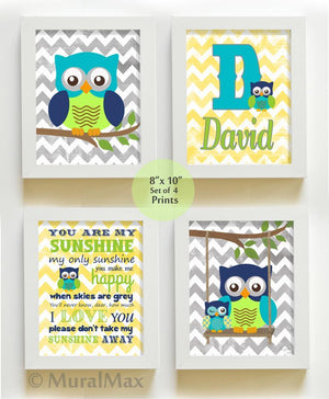 Baby Boy Nursery Art - Personalized Chevron Owl Family Decor - You Are My Sunshine - Unframed Prints - Set of 4Baby ProductMuralMax Interiors