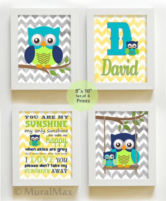 Baby Boy Nursery Art - Personalized Chevron Owl Family Decor - You Are My Sunshine - Unframed Prints - Set of 4
