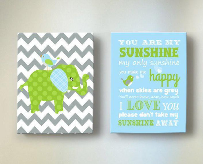 Baby Boy Nursery Art - You Are My Sunshine Chevron Elephant Canvas Decor -Set of 2