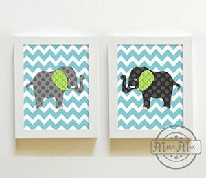 Baby Boy Nursery Decor Chevron Elephants - Unframed Prints - Set of 2- Aqua Gray DecorBaby ProductMuralMax Interiors