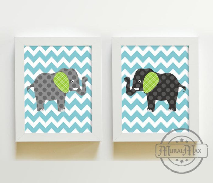 Baby Boy Nursery Decor Chevron Elephants - Unframed Prints - Set of 2- Aqua Gray Decor