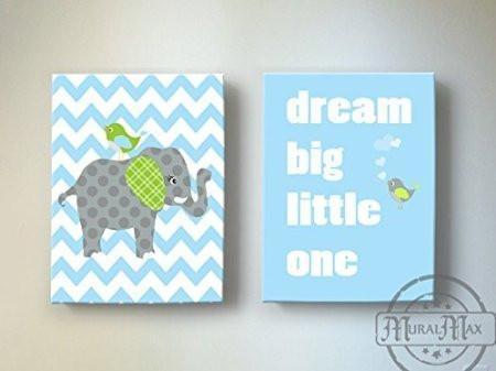 Baby Boy Nursery Decor Dream Big Little One Rhyme - Chevron Canvas Decor -The Elephants & Lovebird Collection - Set of 2-B018ISJUBA
