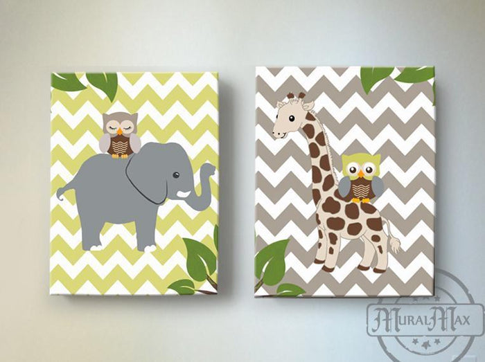 Baby Boy Nursery Decor Giraffe & Elephant Safari Canvas Art - Set of 2 Brown Green Decor