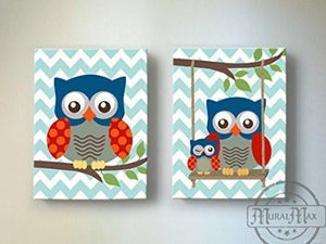 Baby Boy Nursery Decor Owls Swinging From A Branch - Canvas Art - Set of 2 Blue Red DecorBaby ProductMuralMax Interiors