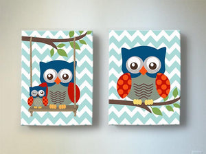 Baby Boy Nursery Decor Owls Swinging From A Branch - Canvas Art - Set of 2 Blue Red DecorBaby ProductMuralMax Interiors