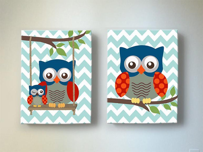 Baby Boy Nursery Decor Owls Swinging From A Branch - Canvas Art - Set of 2 Blue Red Decor