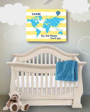 Baby Boy Nursery Decor - Personalized Dr Seuss Canvas Nursery Art - Striped Canvas World Map Collection - Oh The Places You'll Go-B018ISFQX6Baby ProductMuralMax Interiors