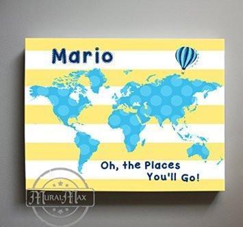Baby Boy Nursery Decor - Personalized Dr Seuss Canvas Nursery Art - Striped Canvas World Map Collection - Oh The Places You'll Go-B018ISFQX6
