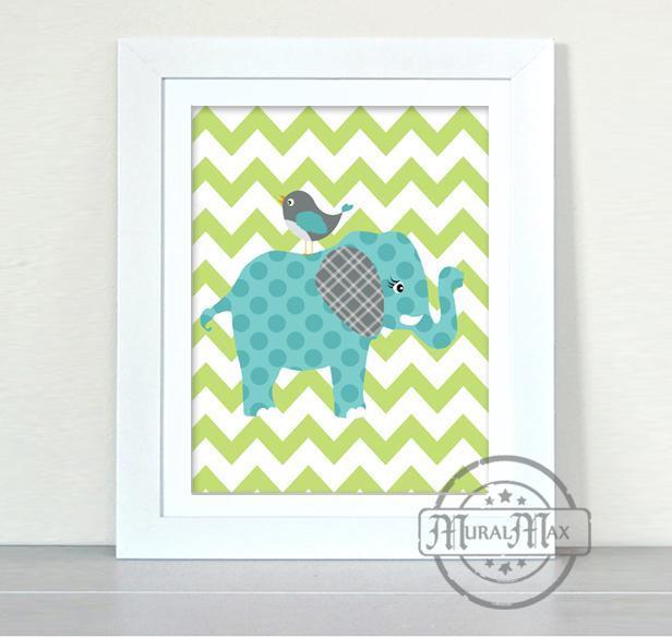 Baby Boy Nursery Prints Polka Dot Elephant & Love Bird Theme - Unframed Print
