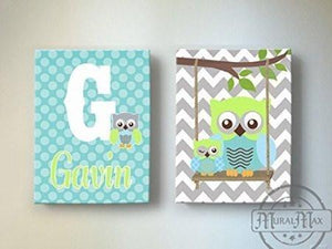 Baby Boy Personalized Nursery Art - Chevron Owls Swinging From A Branch - Canvas Art - Set of 2Baby ProductMuralMax Interiors
