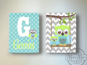Baby Boy Personalized Nursery Art - Chevron Owls Swinging From A Branch - Canvas Art - Set of 2Baby ProductMuralMax Interiors