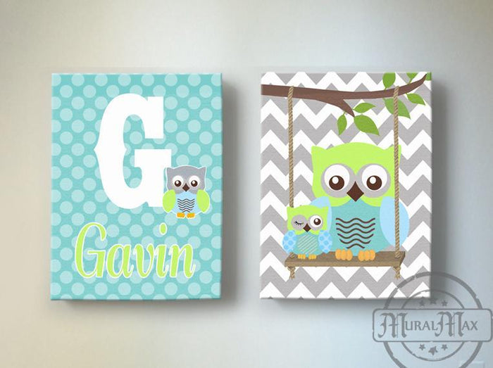 Baby Boy Personalized Nursery Art - Chevron Owls Swinging From A Branch - Canvas Art - Set of 2