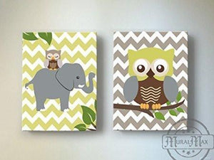 Baby Boy Room Decor Elephant & Owl Safari Canvas Wall Art - Set of 2- Brown Green Wall Decor - MuralMax Interiors