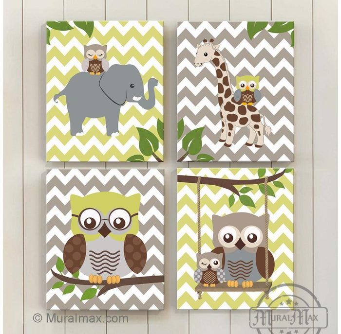 Baby Boy Room Decor Owl Elephant & Giraffe Jungle Canvas Decor - Set of 4
