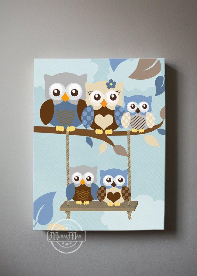Baby Boy Room Decor - Owl Family Perched On A Branch - Blue Brown Baby Boy Nursery Art