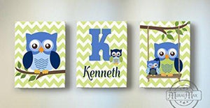 Baby Boy Room Decor Personalized Chevron Owl Canvas Wall Art - Set of 3-Blue Green Nursery DecorBaby ProductMuralMax Interiors