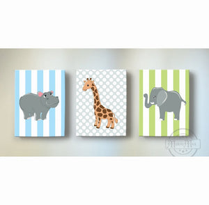 Baby Boy Room Decor Safari Animal Theme - Canvas Art - Safari Animals Elephant Giraffe HippoBaby ProductMuralMax Interiors