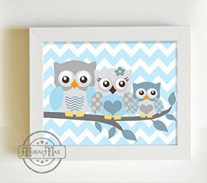 Baby Boys Nursery - Chevron Owl Family of 3 - Unframed Print - Blue Gray DecorBaby ProductMuralMax Interiors