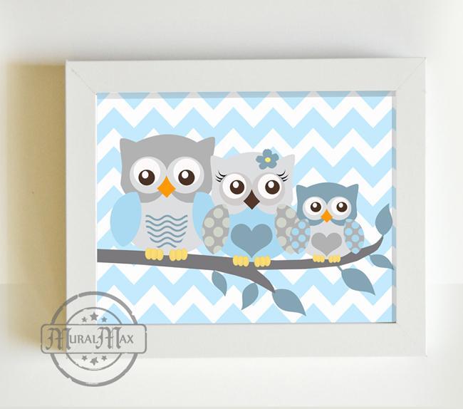 Baby Boys Nursery - Chevron Owl Family of 3 - Unframed Print - Blue Gray Decor