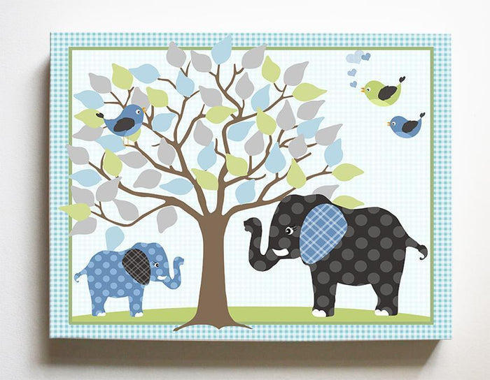 Baby Elephant and Mom Canvas Nursery Art - Tree of Life Canvas Decor