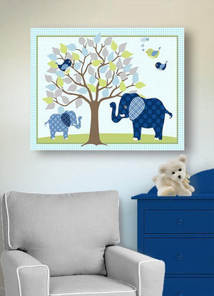 Baby Elephant Under Tree Boy Room Decor Art - Canvas Nursery Art - Navy Green Nursery Decor - MuralMax Interiors