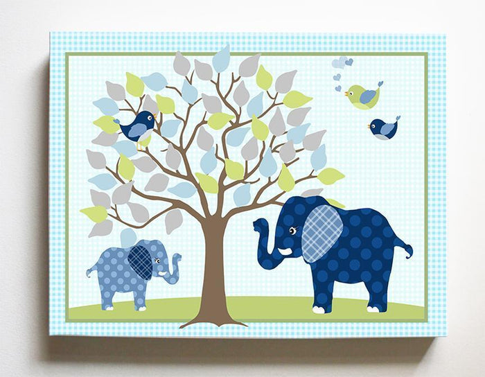 Baby Elephant Under Tree Boy Room Decor Art - Canvas Nursery Art - Navy Green Nursery Decor