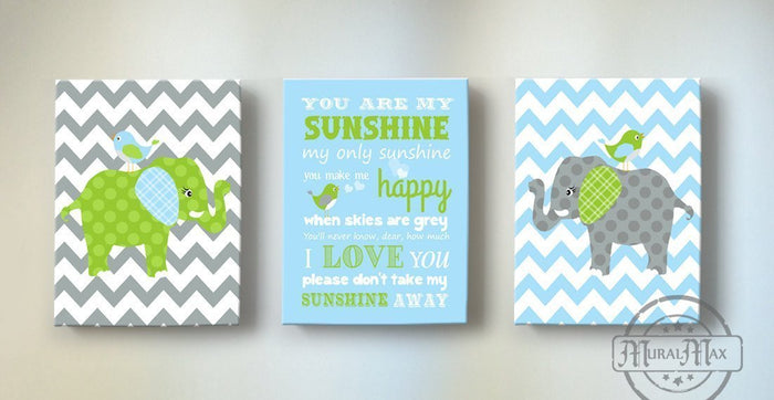 Baby Elephant You Are My Sunshine Chevron Canvas Decor -Set of 3 Wall Art