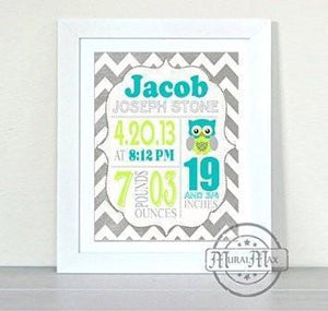 Baby Gift - Personalized Baby Boy Birth Announcement Print - Custom Owl Nursery Decor - Unframed PrintBaby ProductMuralMax Interiors