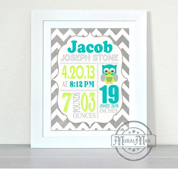 Baby Gift - Personalized Baby Boy Birth Announcement Print - Custom Owl Nursery Decor - Unframed Print