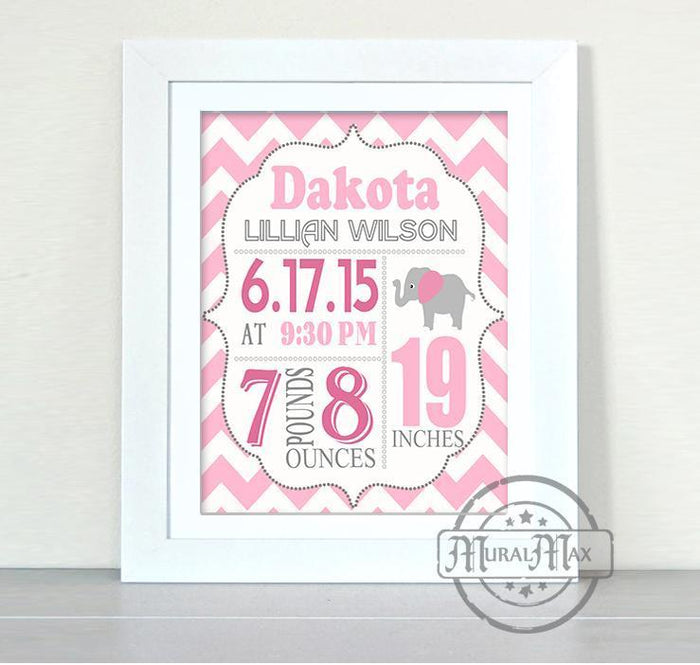 Baby Girl Birth Announcement - Custom Elephant Nursery Decor in Pink and Gray - Unframed Print