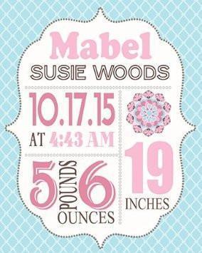 Baby Girl Birth Announcements - Flower Nursery Wall Art - New Mom Gift - Baby Shower Gift - Color: Pink - Stretched Canvas Art - B018GT58O4Baby ProductMuralMax Interiors