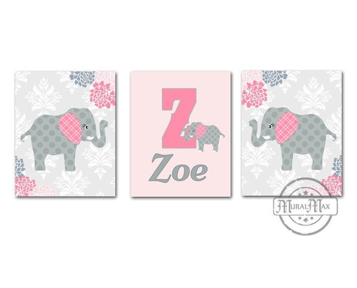 Baby Girl Floral Mums & Polka Dot Elephants Wall Art - Set of 3 Personalized - Unframed Prints