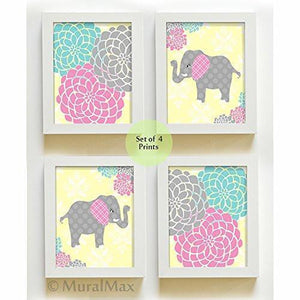 Baby Girl Floral Mums Whimsical Elephant Nursery Wall Art - Set of 4 - Unframed PrintsBaby ProductMuralMax Interiors