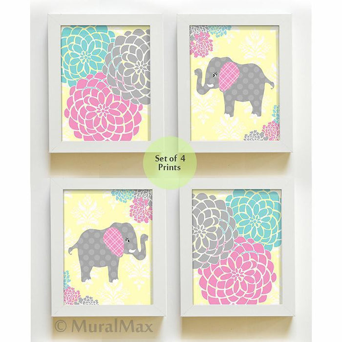 Baby Girl Floral Mums Whimsical Elephant Nursery Wall Art - Set of 4 - Unframed Prints