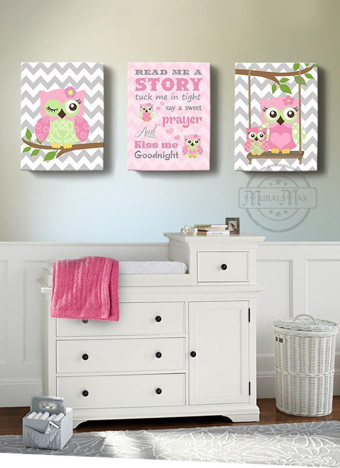 Baby Girl Kiss Me Goodnight Nursery Art - Owl Family Theme - Canvas Inspirational Quote - Set of 3