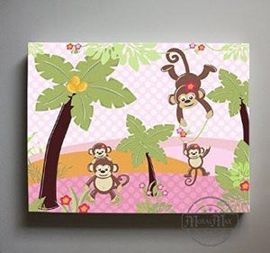 Baby Girl Monkey Nursery Art - Whimsical Monkey Safari Playground Theme - Canvas Nursery Wall Art - MuralMax Interiors