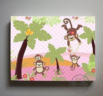 Baby Girl Monkey Nursery Art - Whimsical Monkey Safari Playground Theme - Canvas Nursery Wall Art