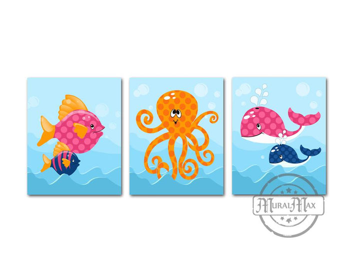 Baby Girl Nautical Nursery Ocean Life Fish and Whale Wall Art - Unframed Prints - Set of 3
