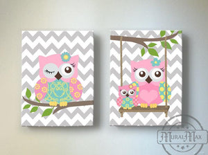 Baby Girl Nursery Art - Baby Owl Canvas Art - Whimsical Owl Collection - Set of 2-Pink Aqua GrayBaby ProductMuralMax Interiors