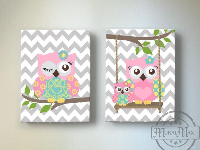 Baby Girl Nursery Art - Baby Owl Canvas Art - Whimsical Owl Collection - Set of 2-Pink Aqua Gray