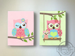 Baby Girl Nursery Art Owl Canvas Decor - Pink Green Aqua Nursery Art - Set of 2Baby ProductMuralMax Interiors