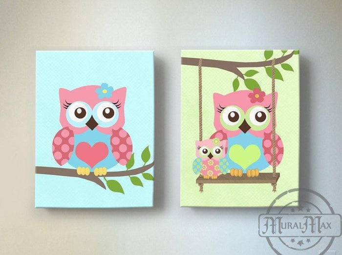 Baby Girl Nursery Art Owl Canvas Decor - Pink Green Aqua Nursery Art - Set of 2
